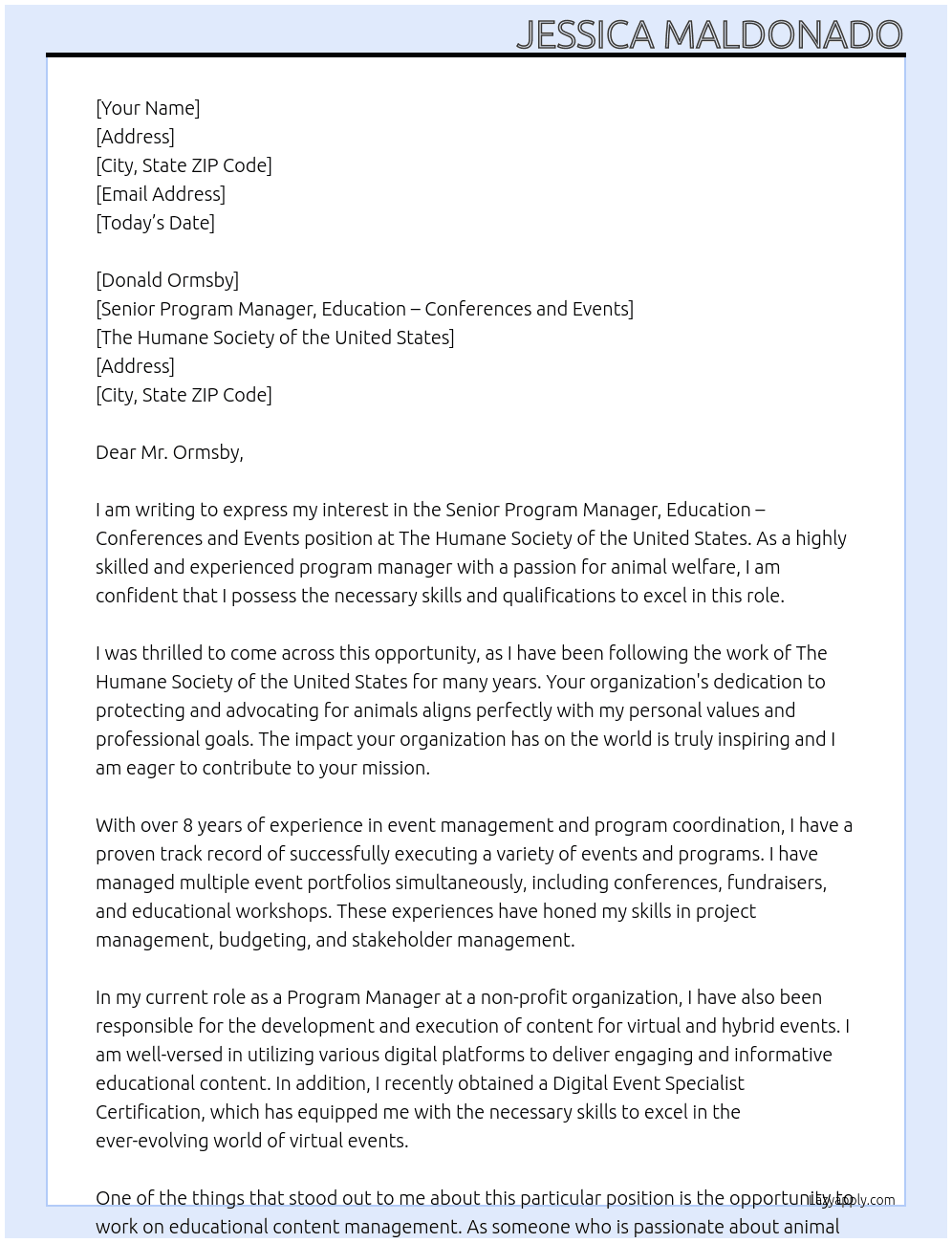 Senior Program Manager, Education - Conferences and Events At The Humane Society of the United States Cover Letter