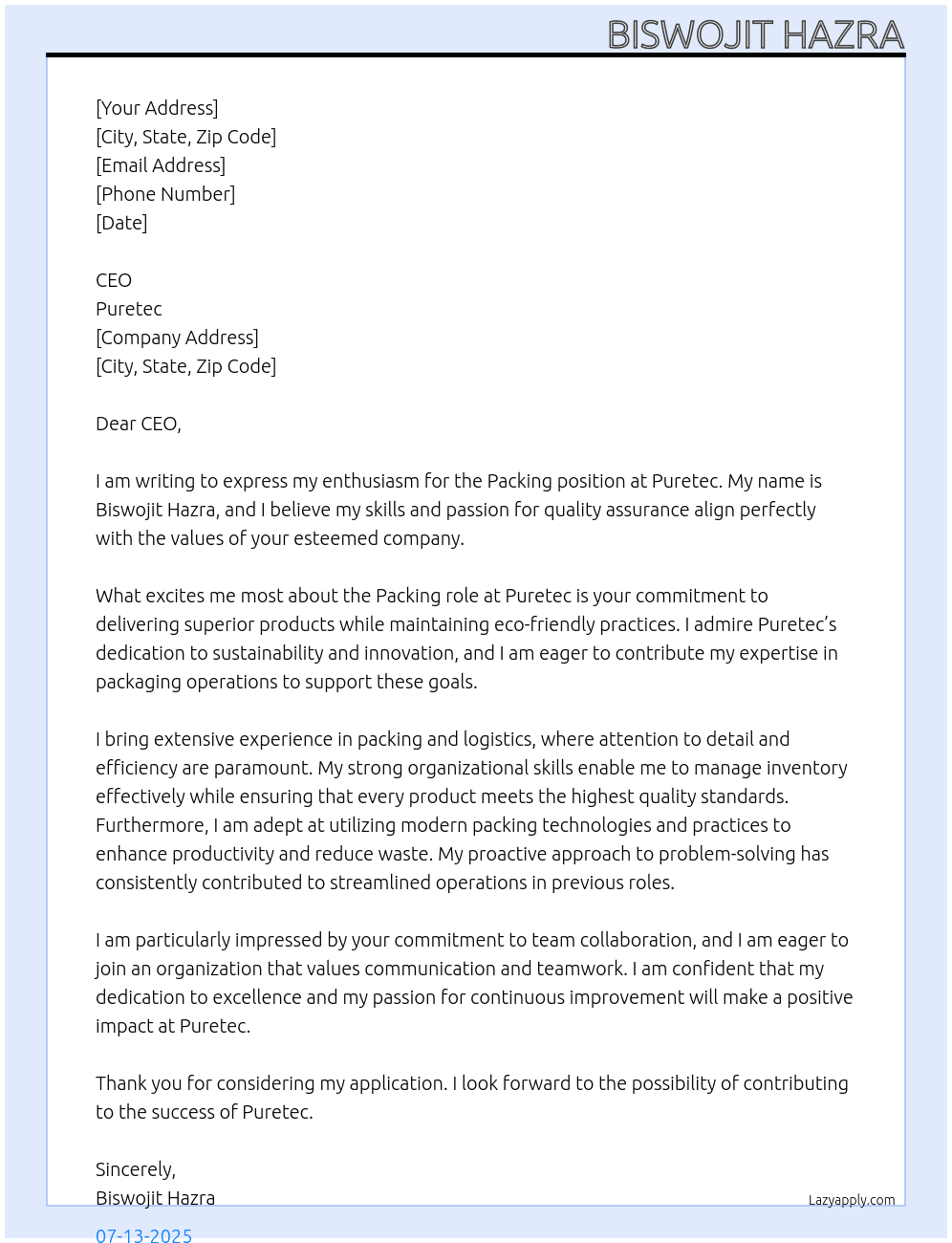 Packing At Puretec Cover Letter