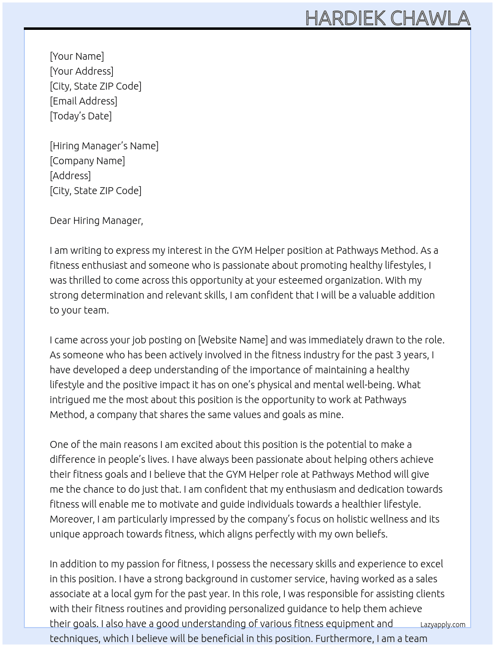 GYM Helper At Pathways method  Cover Letter