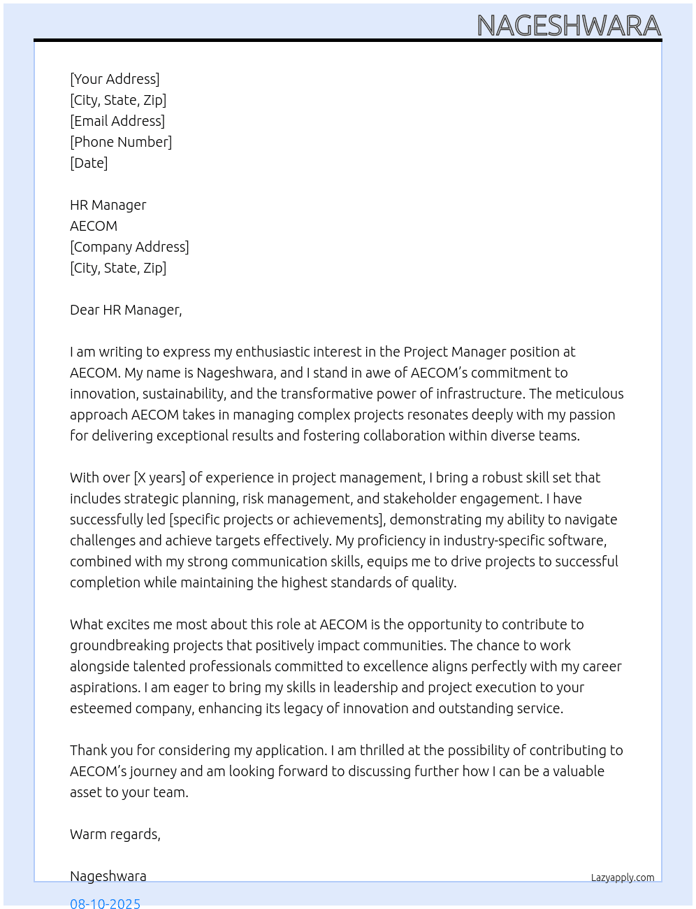 Project manager  At AECOM Cover Letter