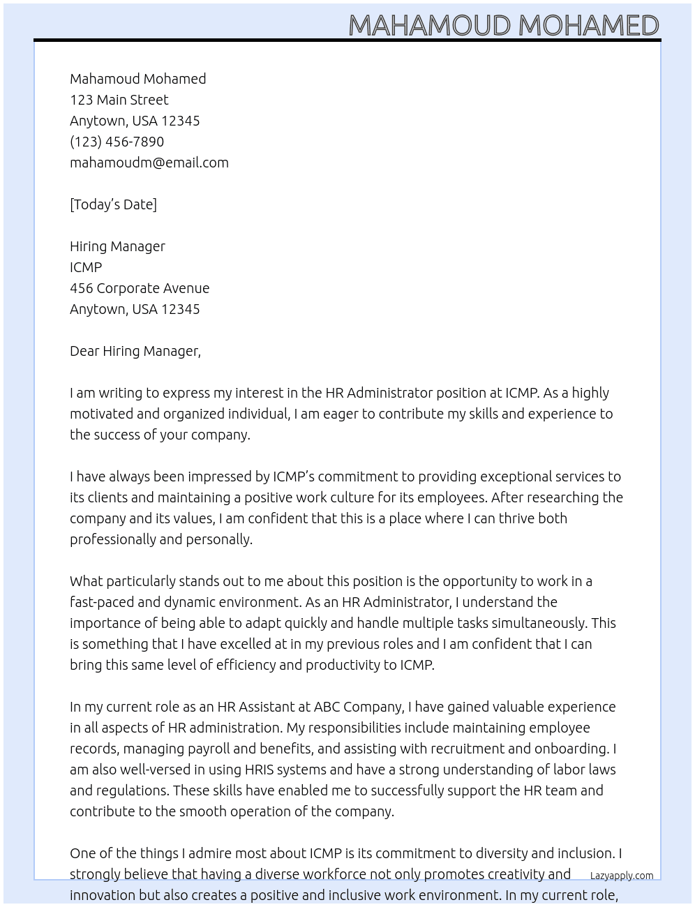 HR Administrator  At ICMP Cover Letter