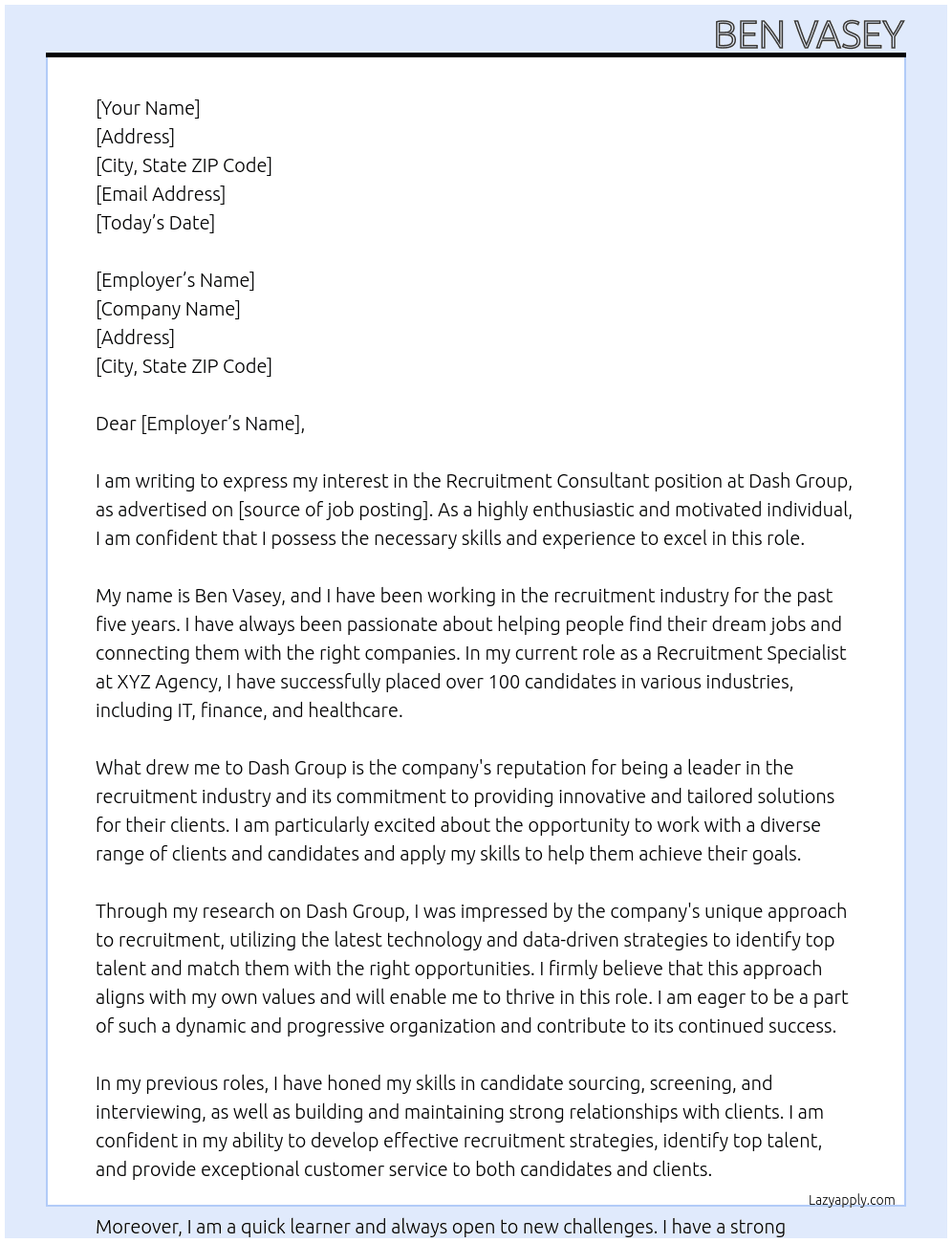 Recruitment Consultant At Dash Group Cover Letter