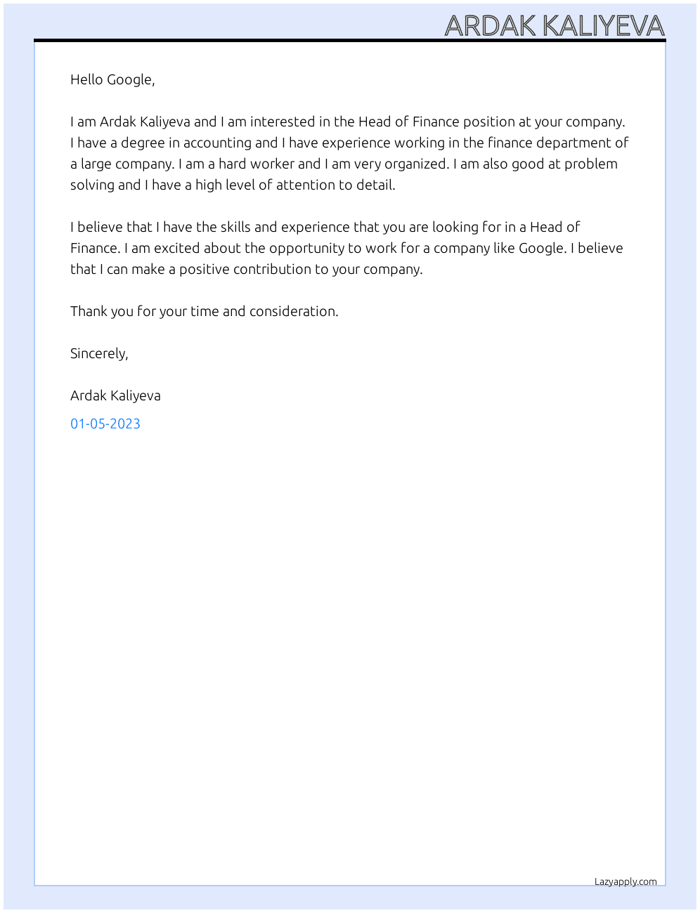 Head of finance At Google Cover Letter