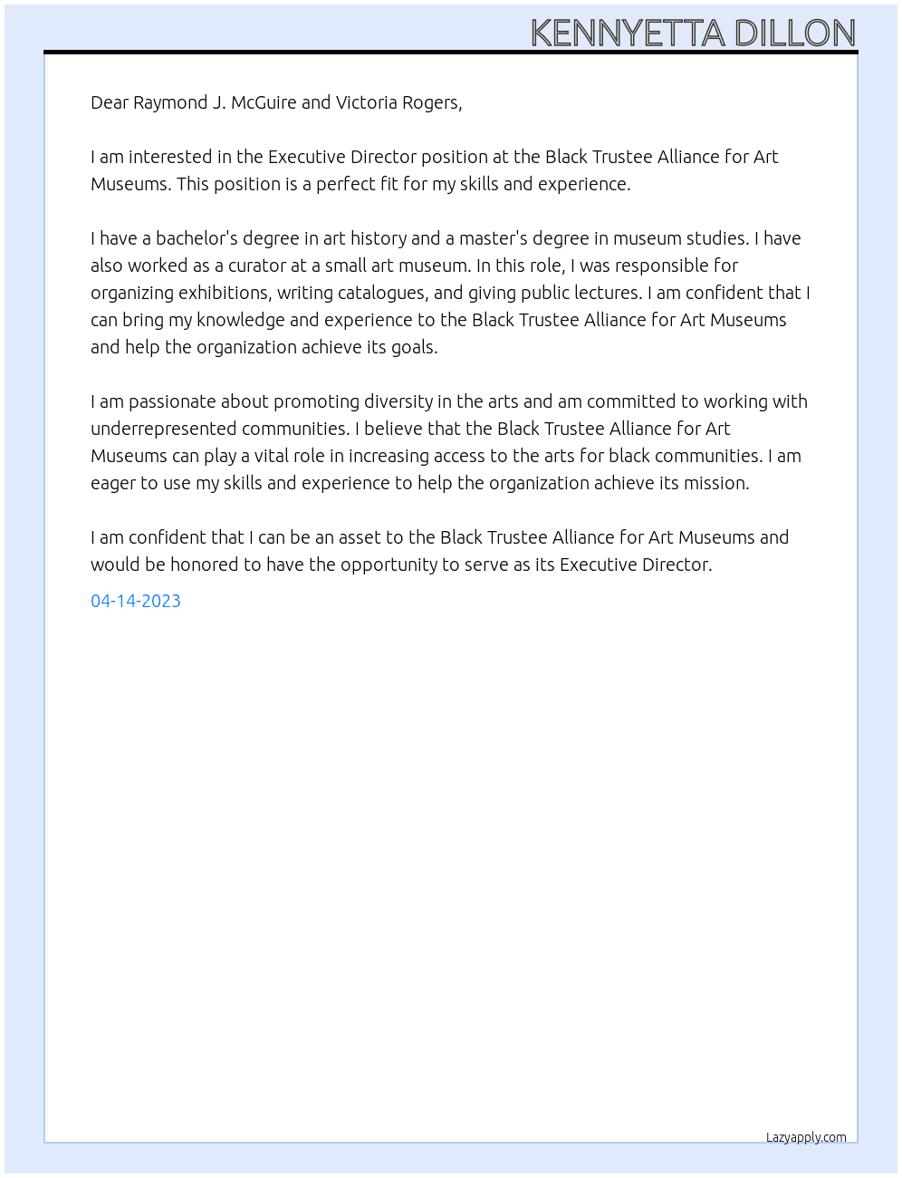 Executive Director At Black Trustee Alliance for Art Museums Cover Letter