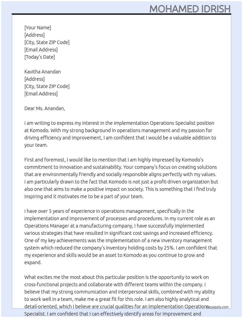 Implementation Operations Specialist At Komodo Cover Letter