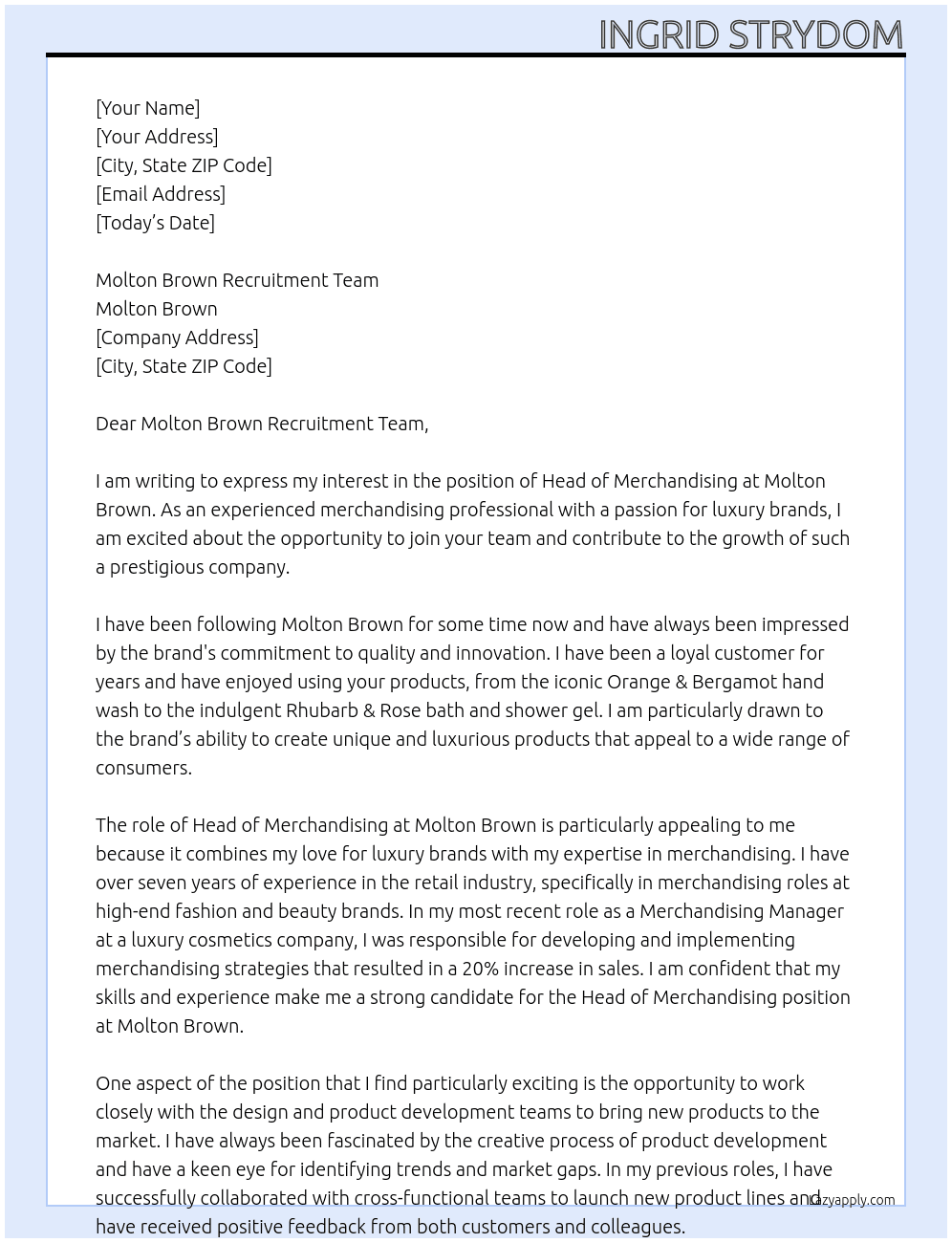 Head of Merchandising At Molton Brown Cover Letter