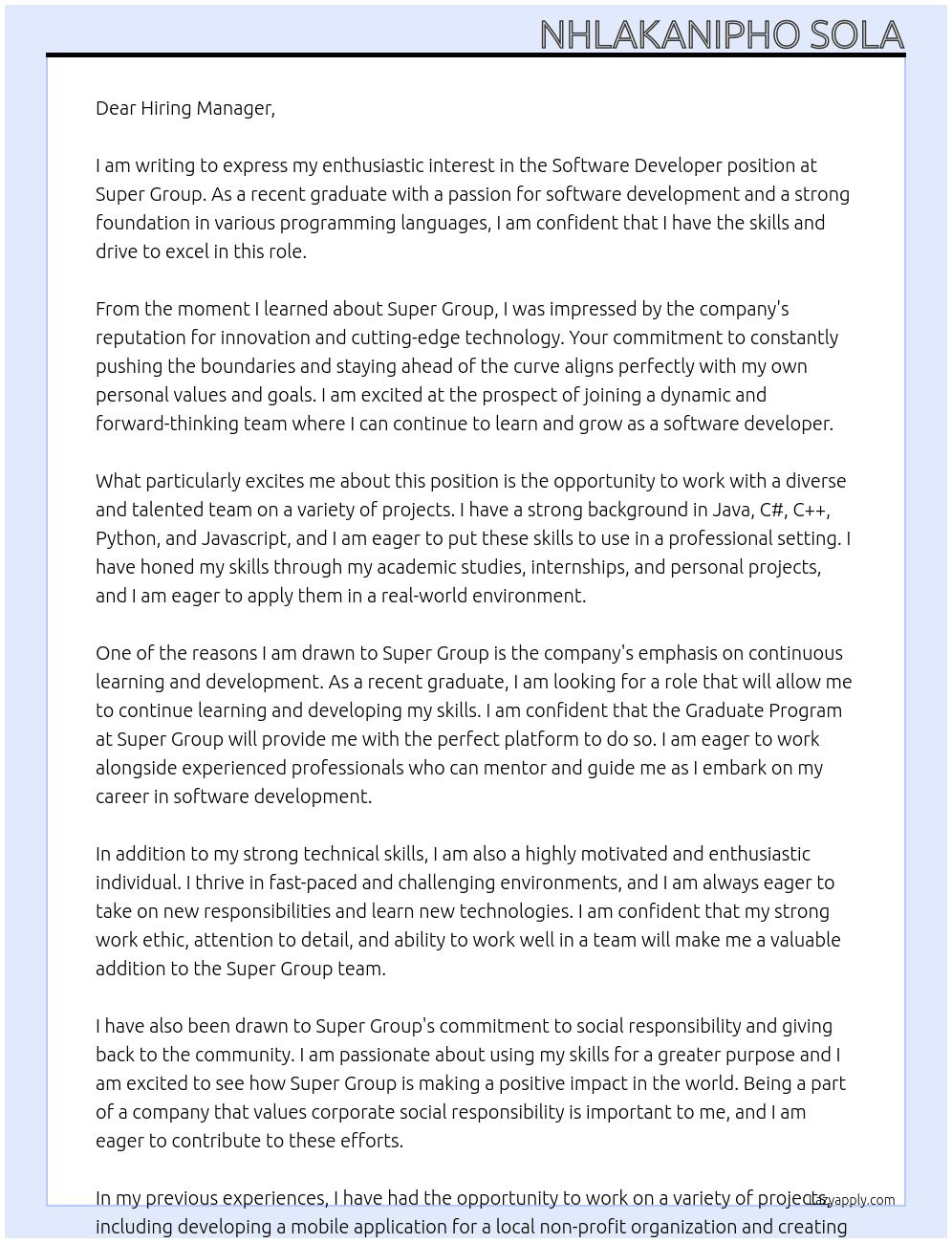 Software Developer At Super Group Cover Letter