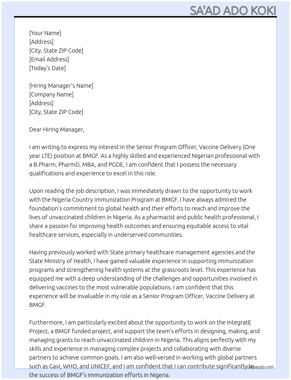 Senior Program Officer, Vaccine Delivery (One year LTE) At BMGF Cover Letter