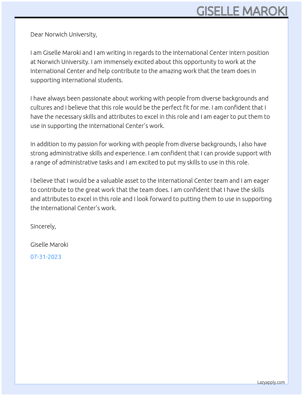 International Center Intern At Norwich University Cover Letter