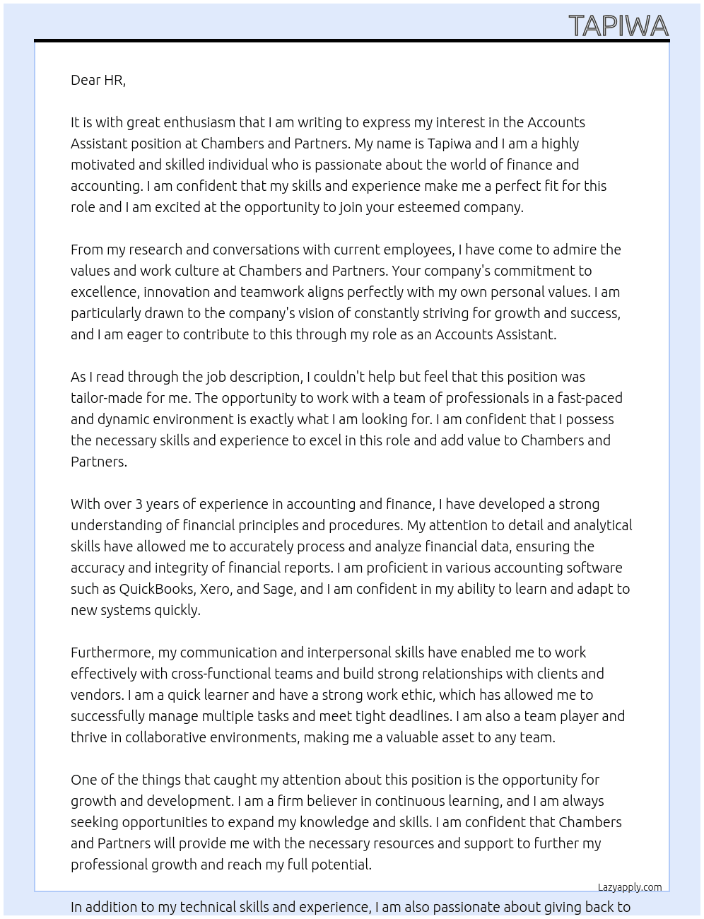 Accounts Assistant At Chambers and Partners Cover Letter