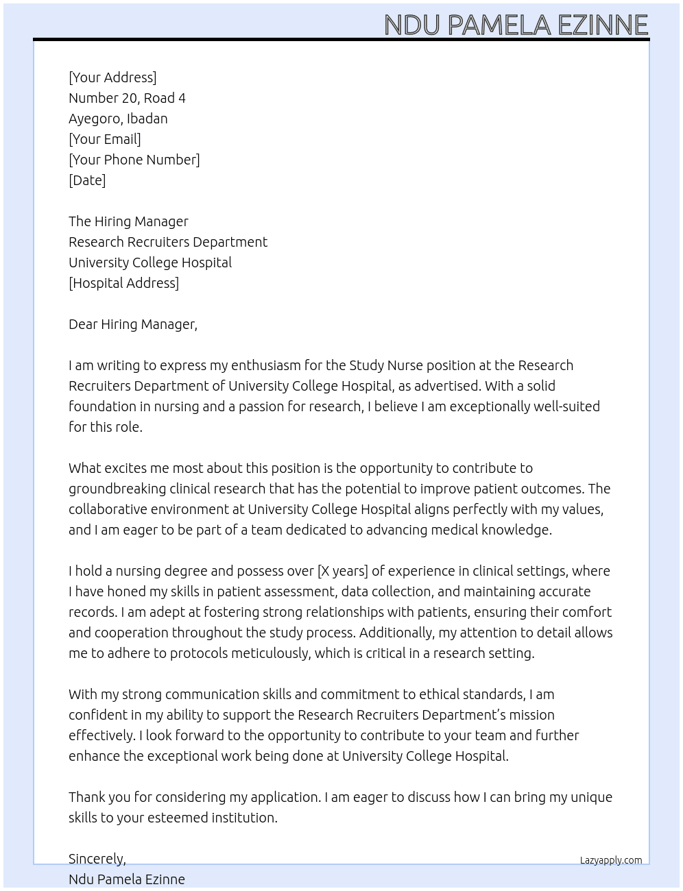 Cover letter for study nurse - LazyApply