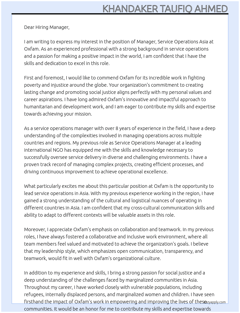 Cover letter for manager, service operations asia - LazyApply