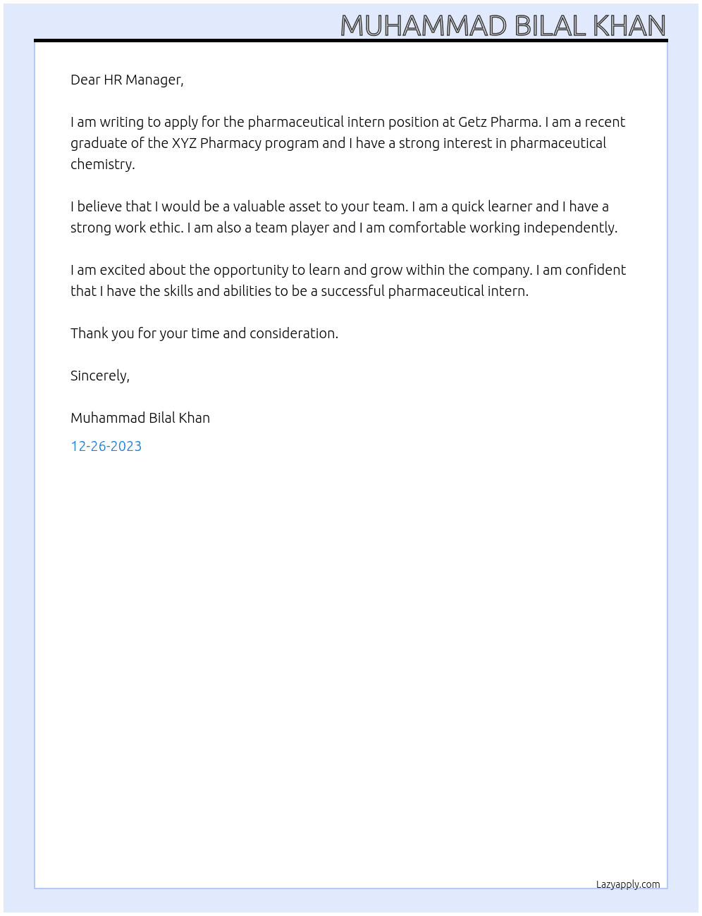 Pharmaceutical intern At Getz Pharma Cover Letter