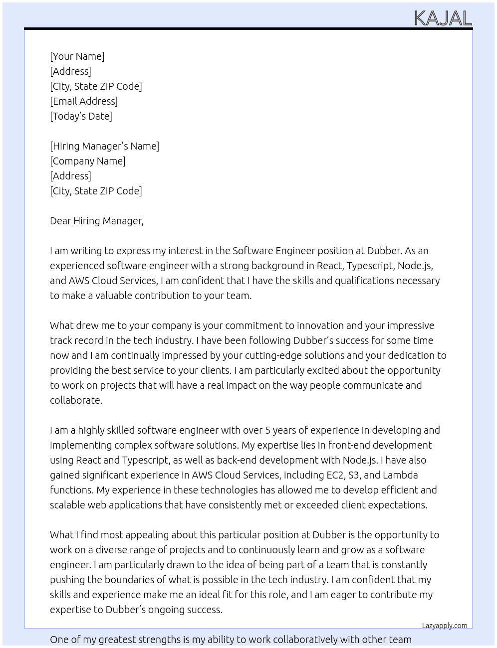 Software Engineer At Dubber Cover Letter