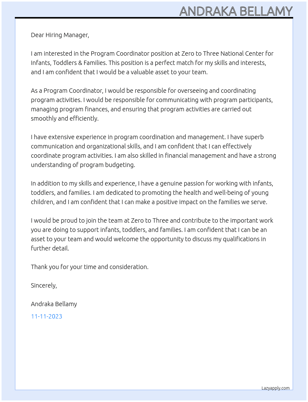 Program Coordinator  At Zero to Three National Center for Infants, Toddlers & Families  Cover Letter
