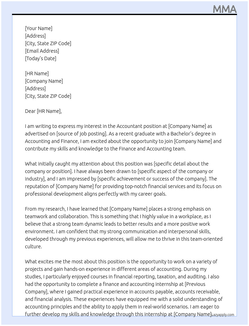 Accountant  At Finance and accounting internship  Cover Letter