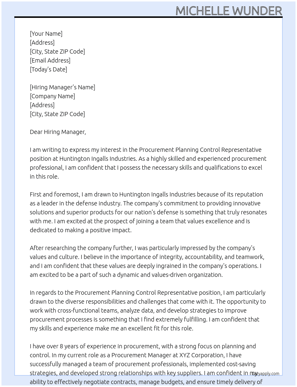PROCUREMENT PLNG CONTROL REP At Huntington Ingalls Industries Cover Letter