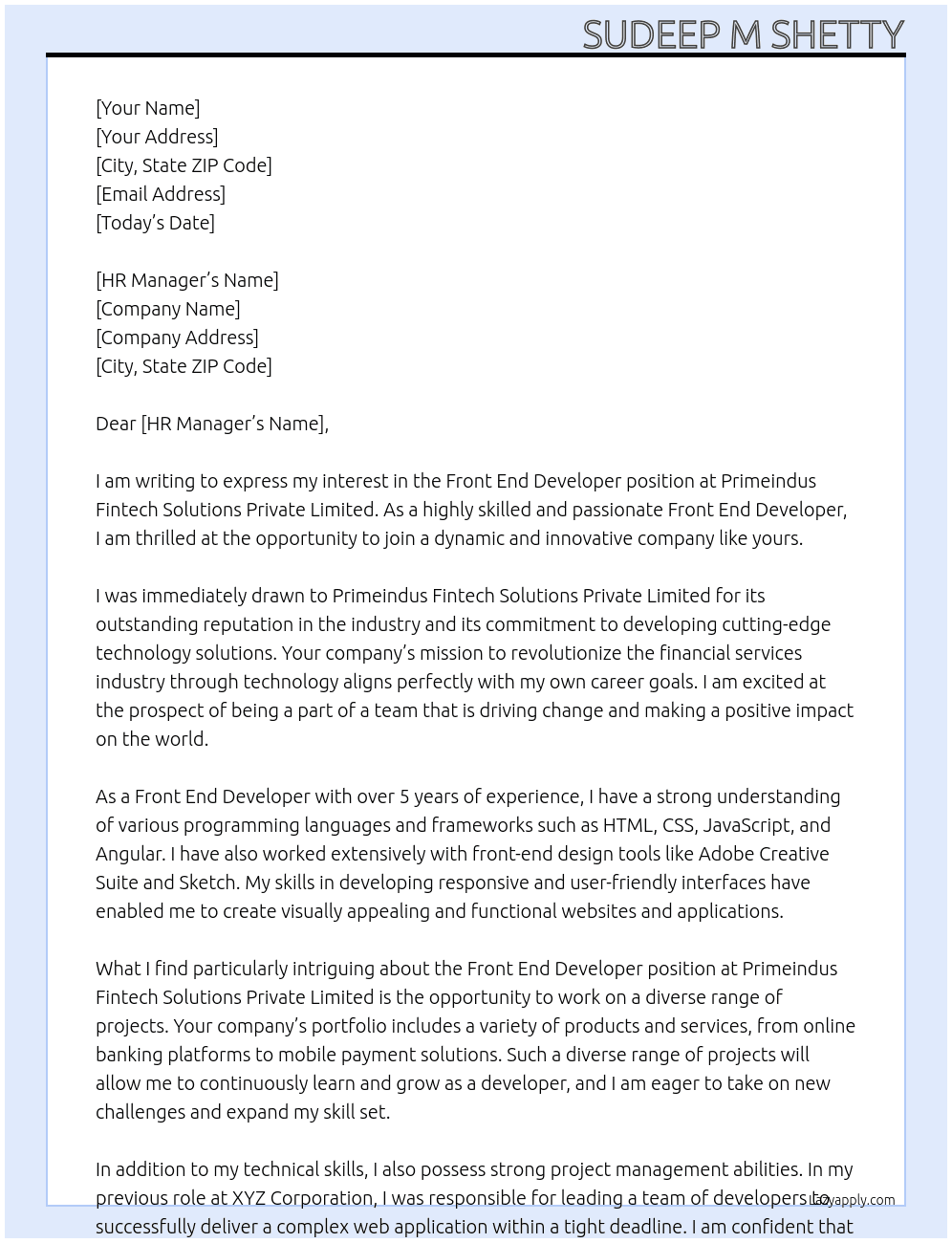 Front End Developer At Primeindus Fintech Solutions Private Limited Cover Letter