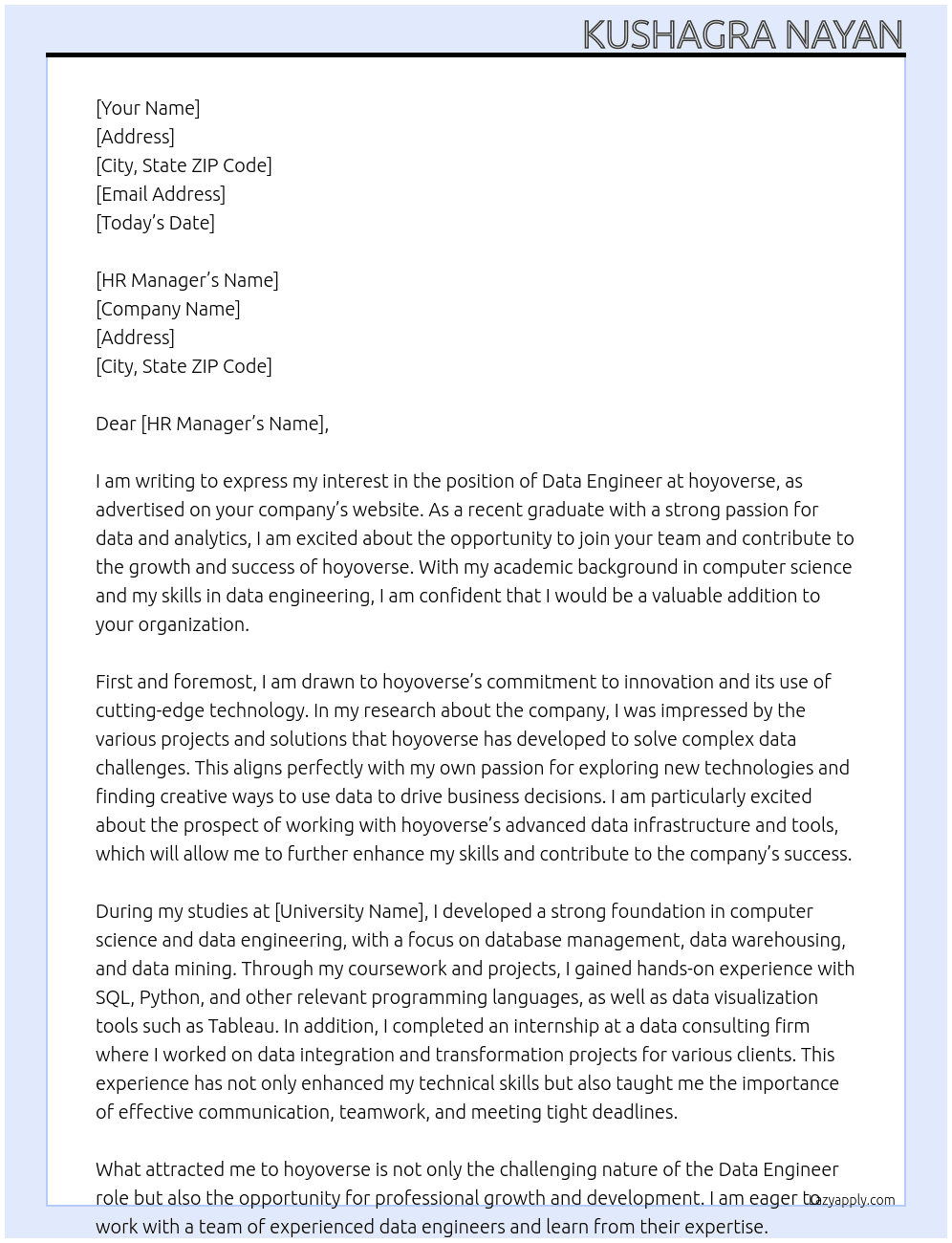 Data Engineer - Fresh Grad At hoyoverse Cover Letter