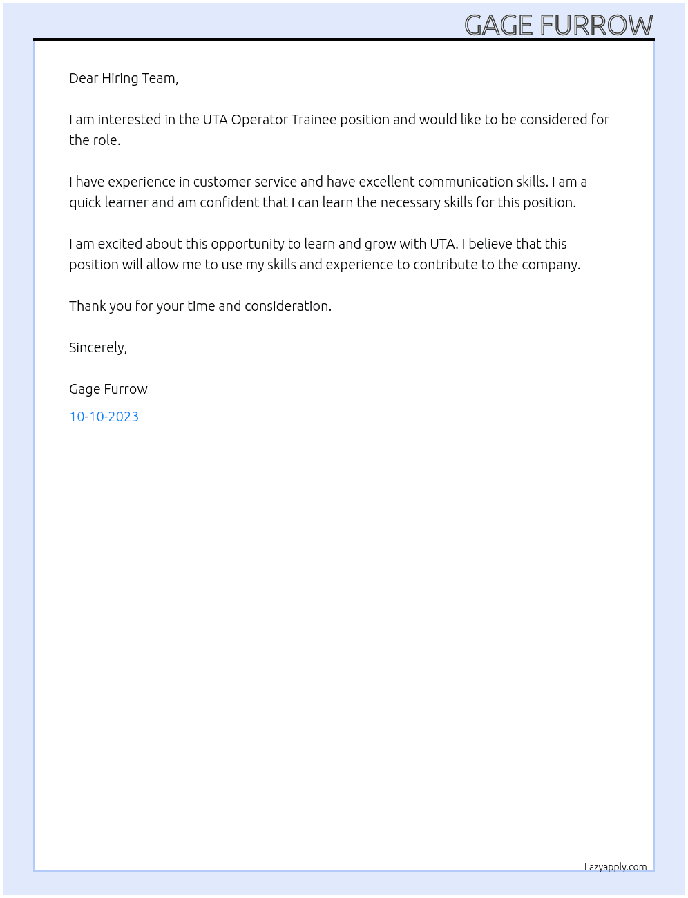 UTA Operator Trainee At UTA Cover Letter