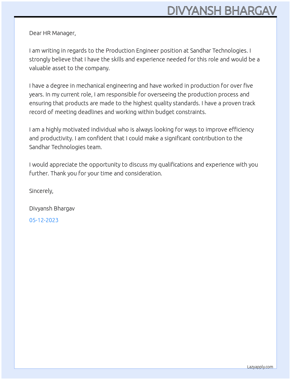 Production Engineer At Sandhar Technologies Cover Letter