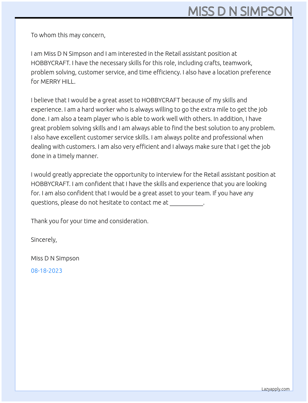 Retail assistant  At HOBBYCRAFT  Cover Letter