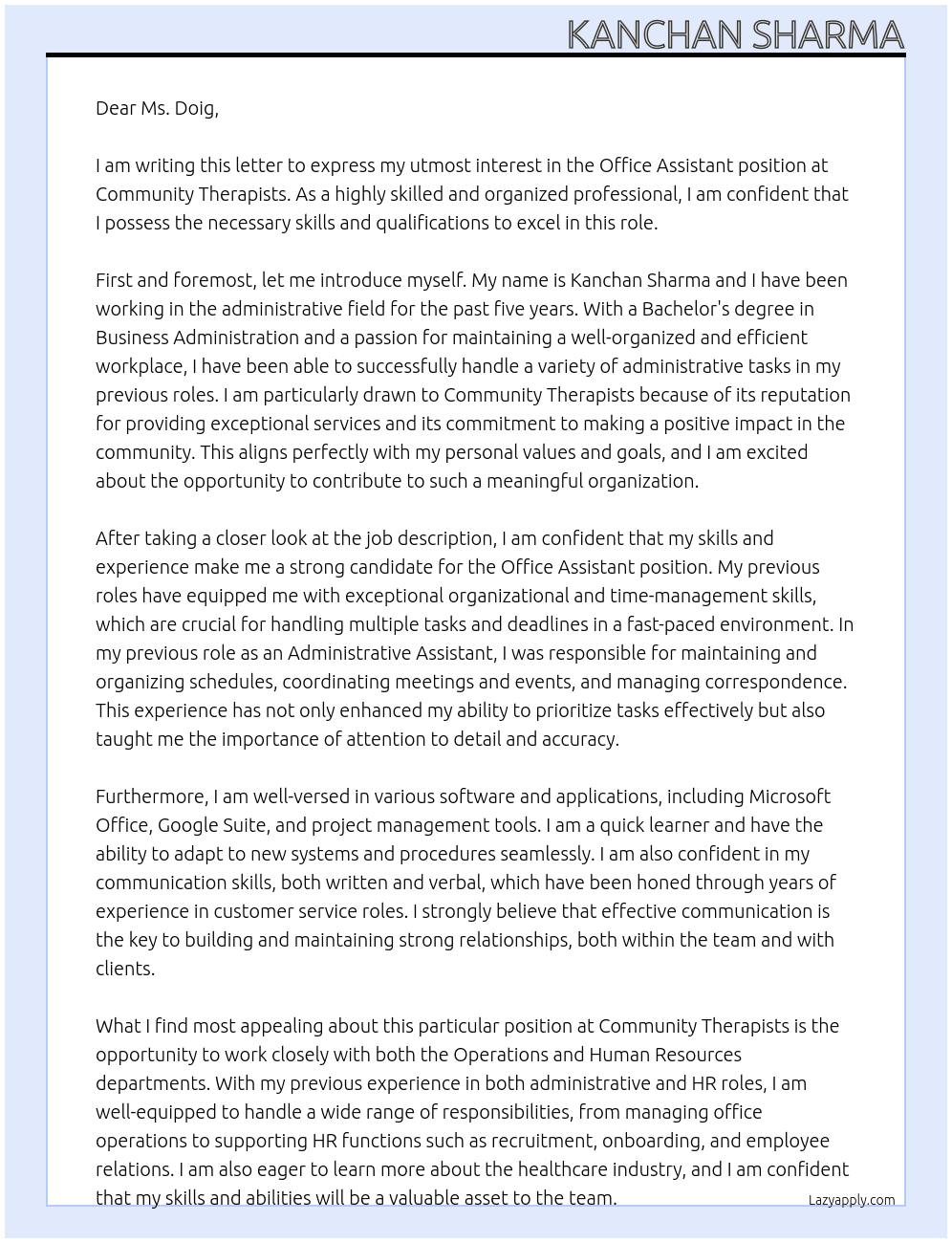 Office Assistant At Community Therapists Cover Letter