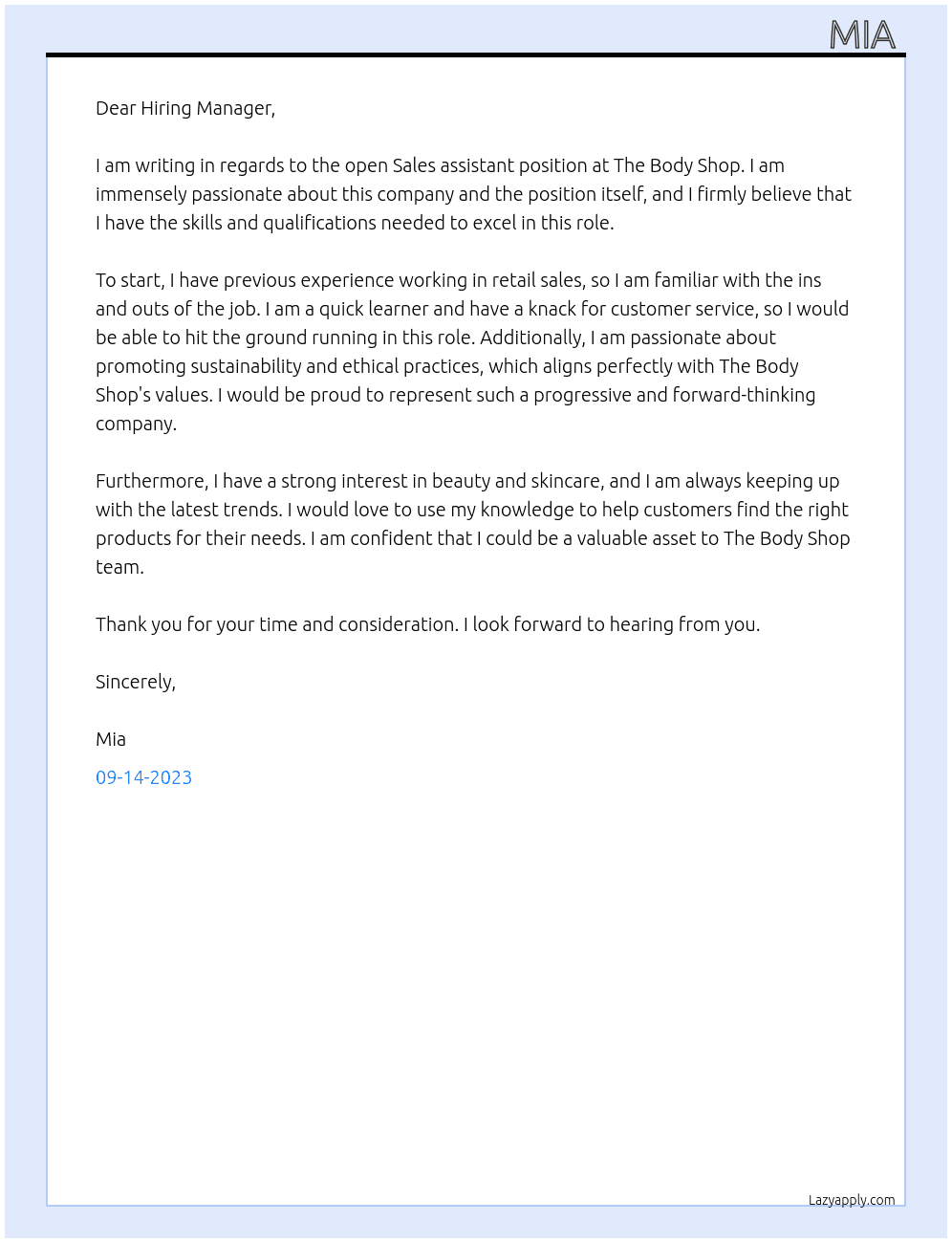 Sales assistant At The Body Shop Cover Letter