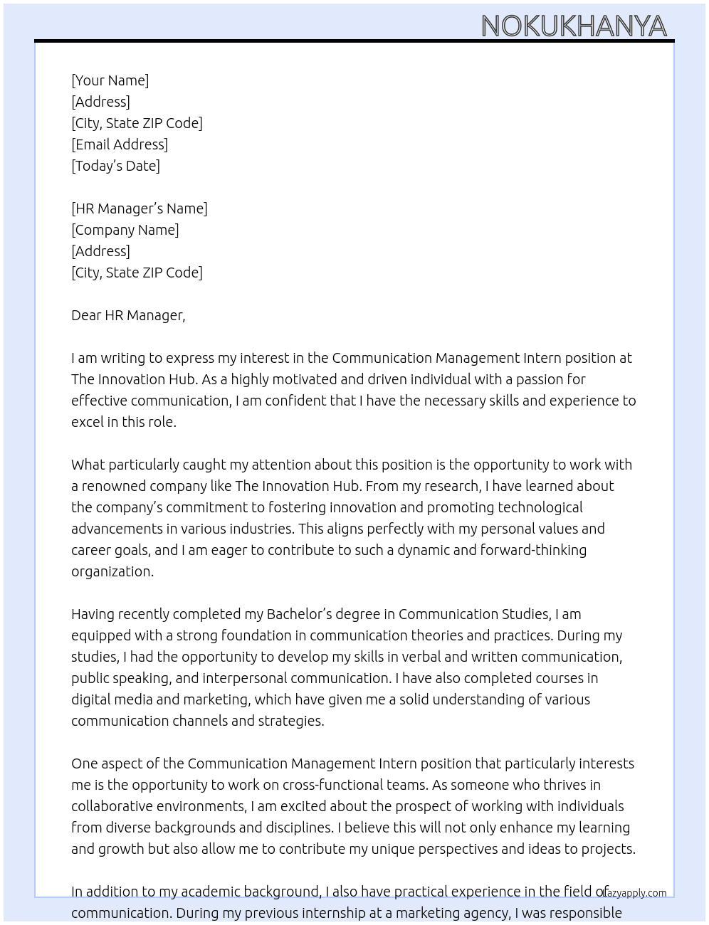 Communication Management Intern At The Innovation Hub Cover Letter