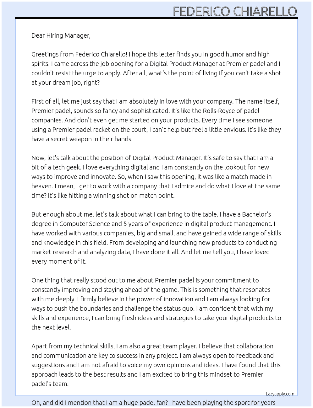 Digital Product Manager At Premier padel Cover Letter