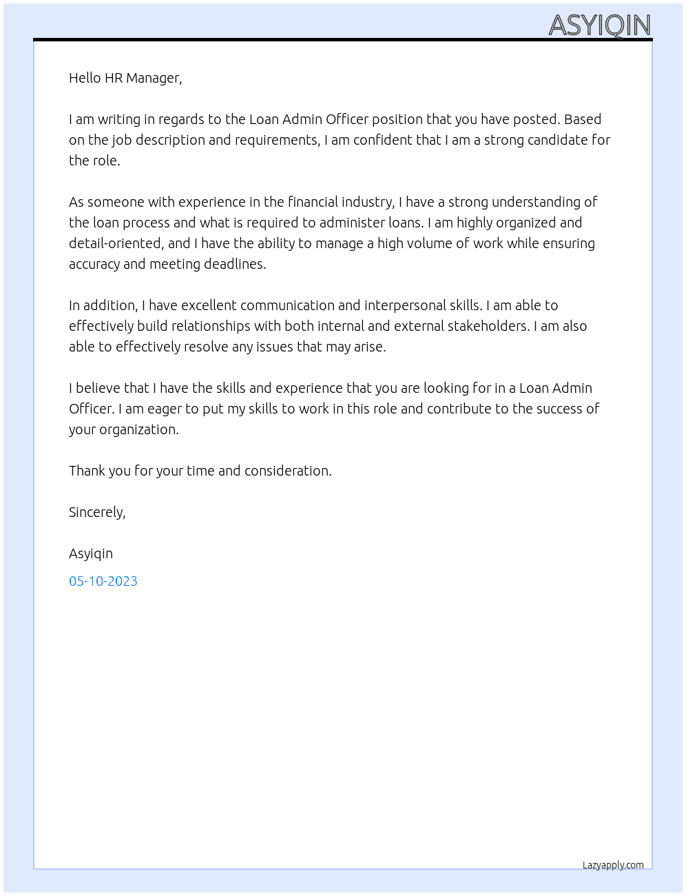 loan admin officer At unkiwn Cover Letter