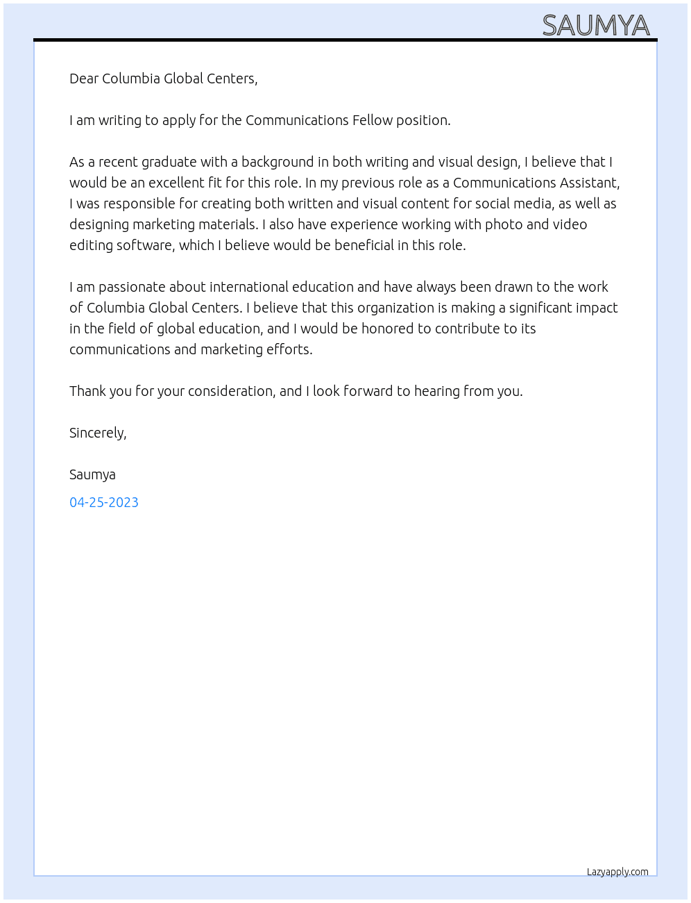 communications fellow At Columbia Global Centers Cover Letter