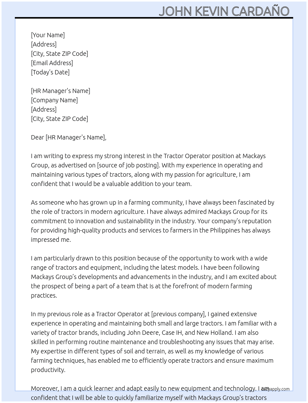 Cover letter for tractor operator - LazyApply