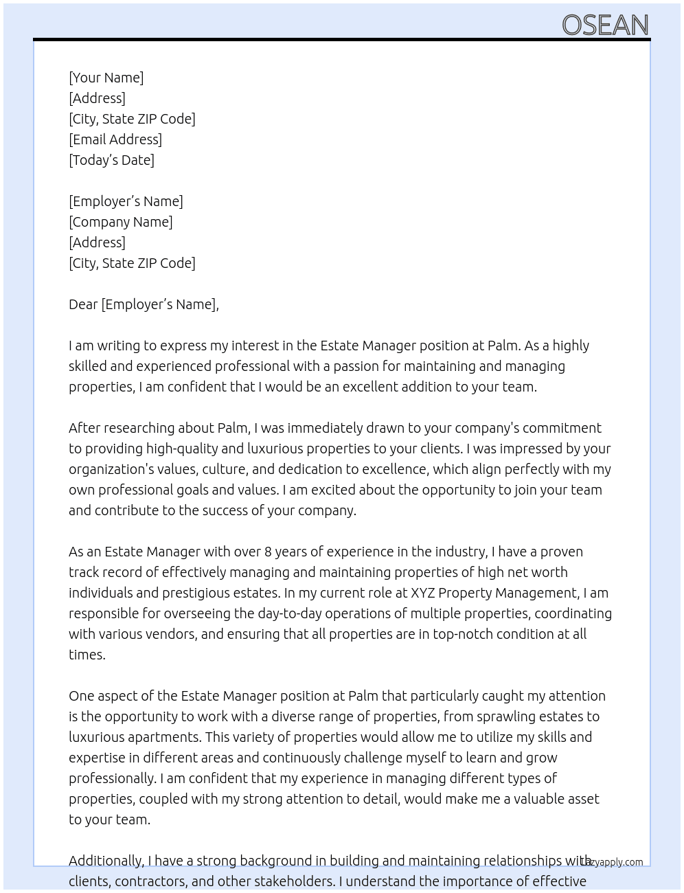 Estate manager At Palm  Cover Letter
