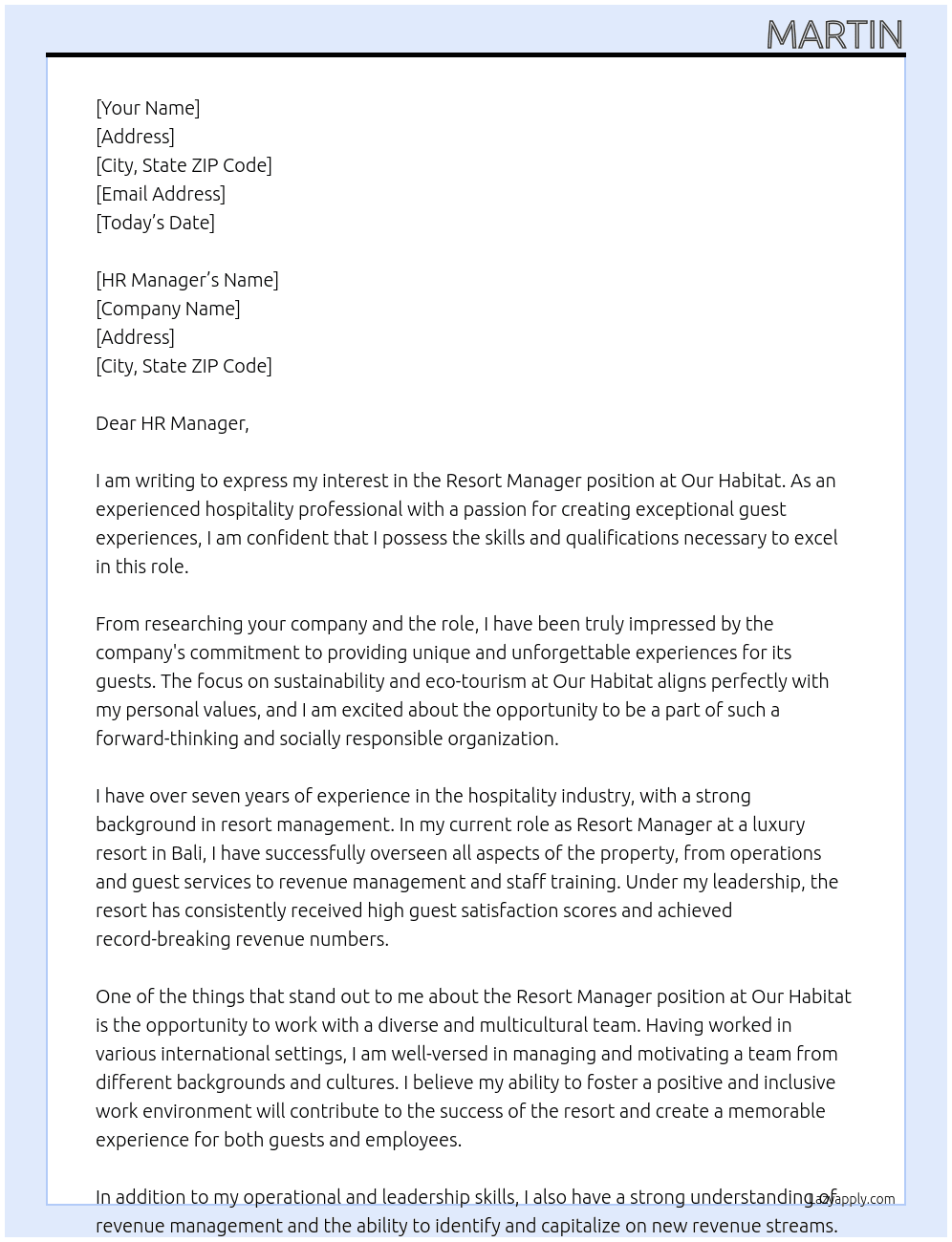 Resort Manager At Our Habitat Cover Letter