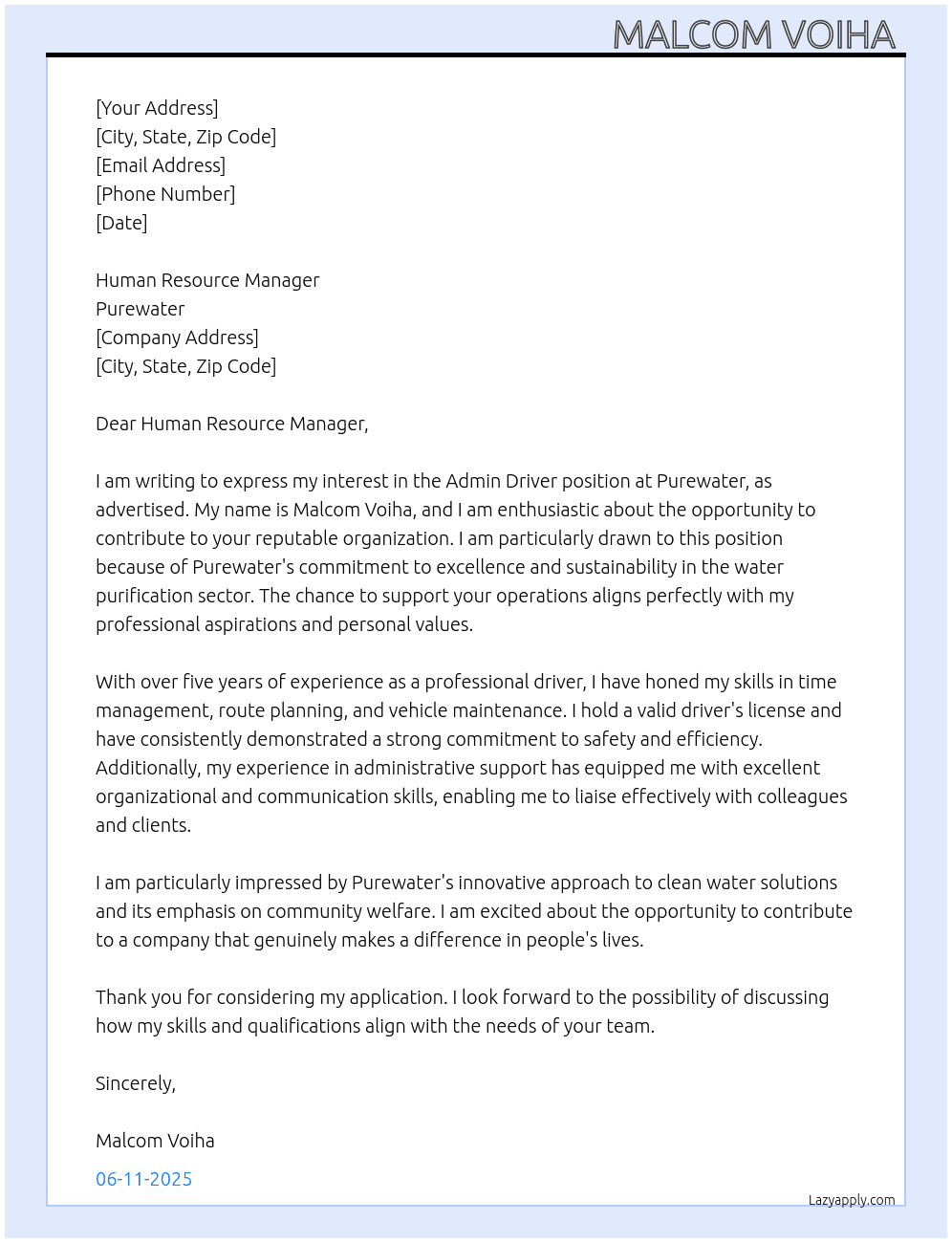 Admin driver  At Purewater Cover Letter