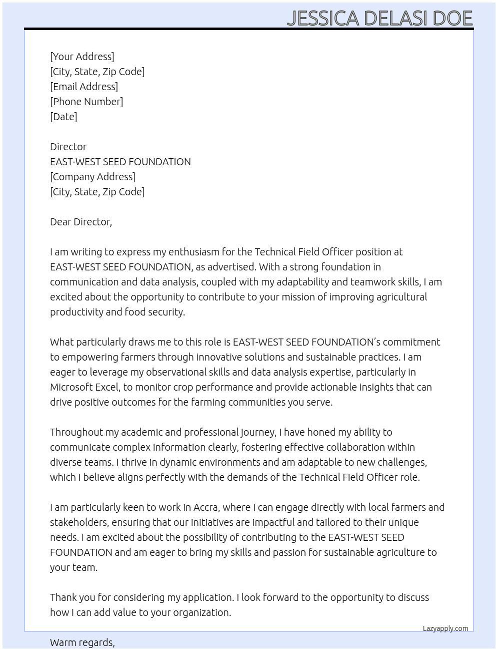 Technical Field Officer At EAST-WEST SEED FOUNDATION Cover Letter