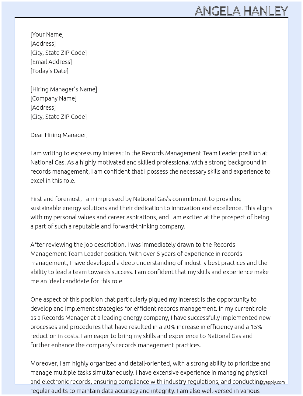 Records Management Team Leader At National Gas Cover Letter