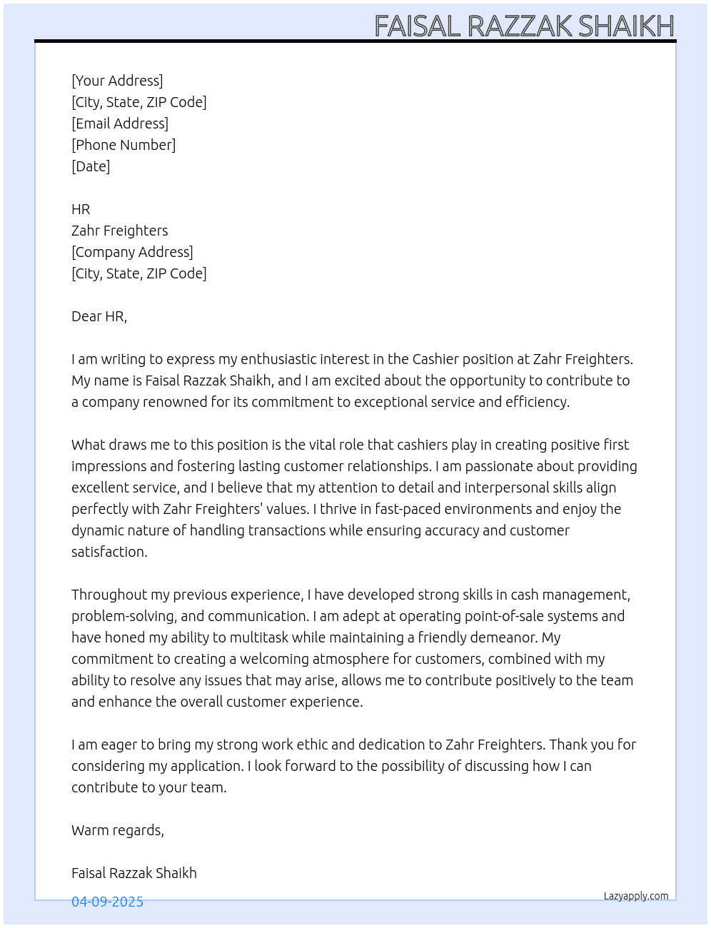 Cashier  At Zahr freighters Cover Letter