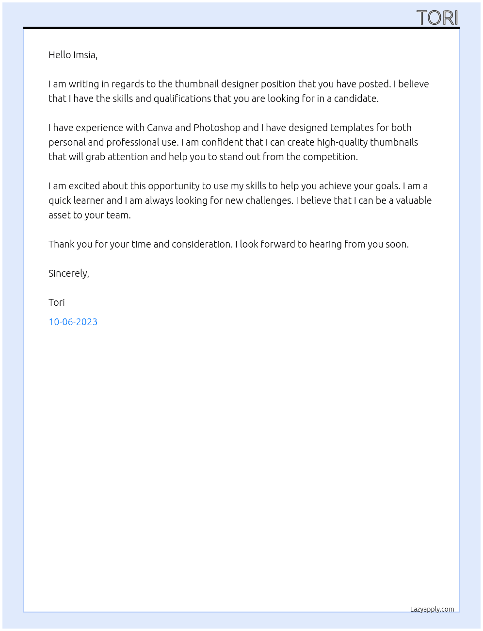 Thumbnail Designer At Imsia Cover Letter