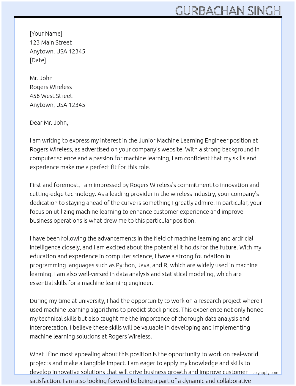 Junior Machine Learning Engineer At Rogers Wirelesss Cover Letter