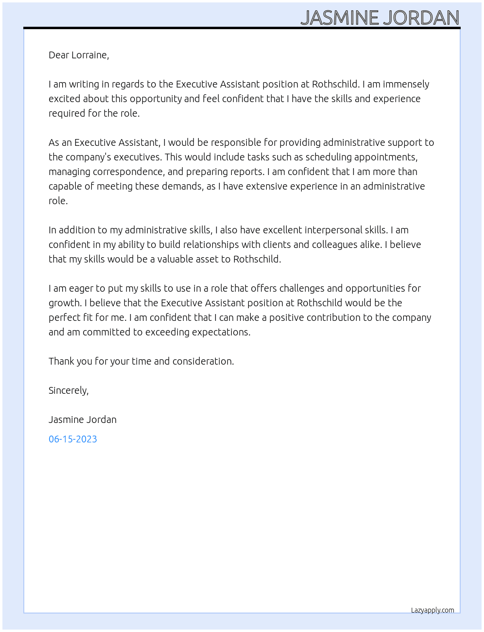 Executive Assistant At Rothschild Cover Letter