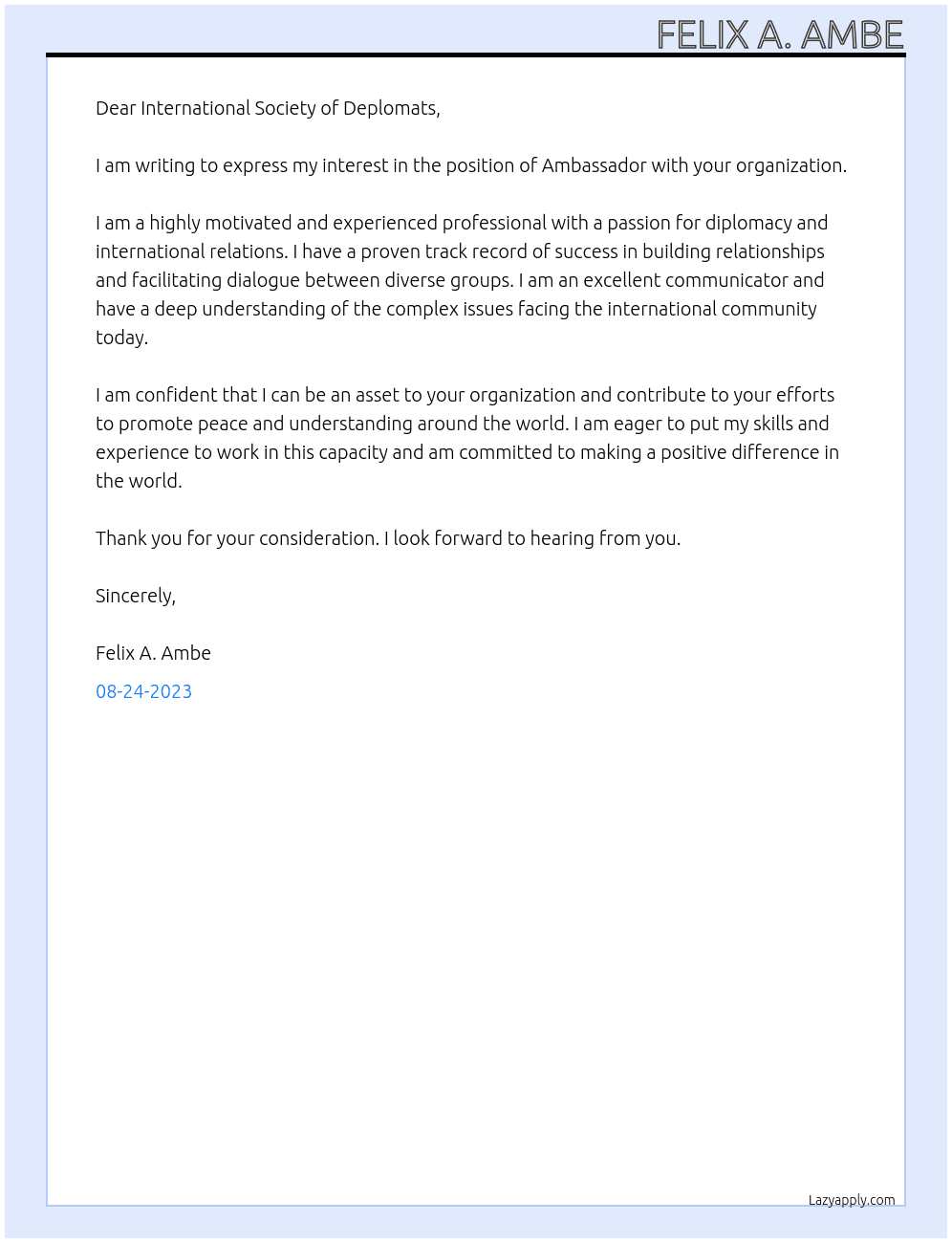 Ambassador At Global Deplomacy Cover Letter