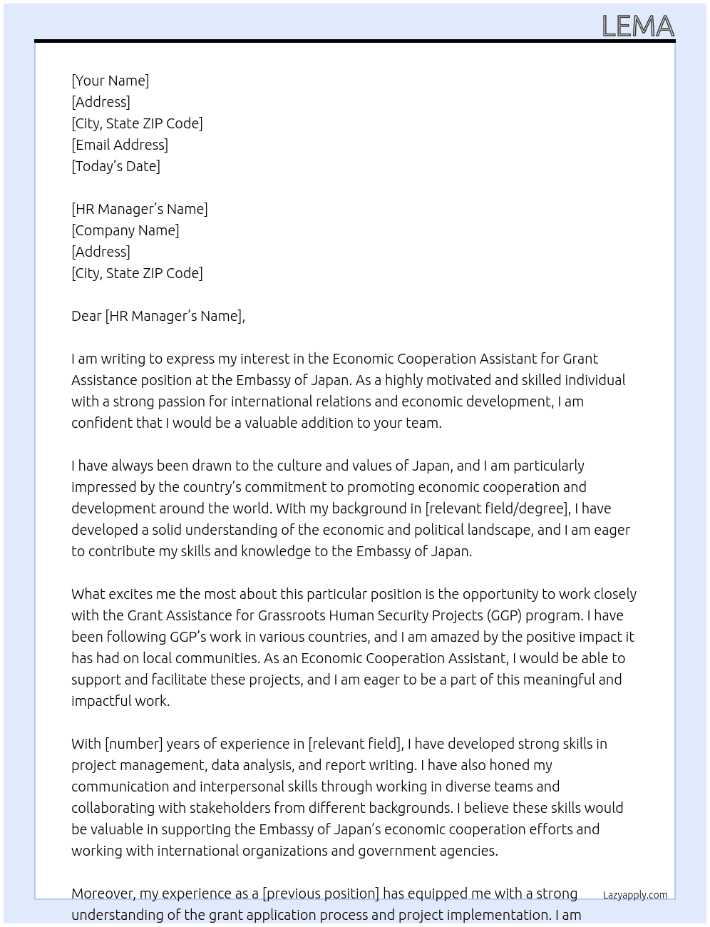 Economic Cooperation Assistant for Grant Assistance At Embassy of Japan Cover Letter