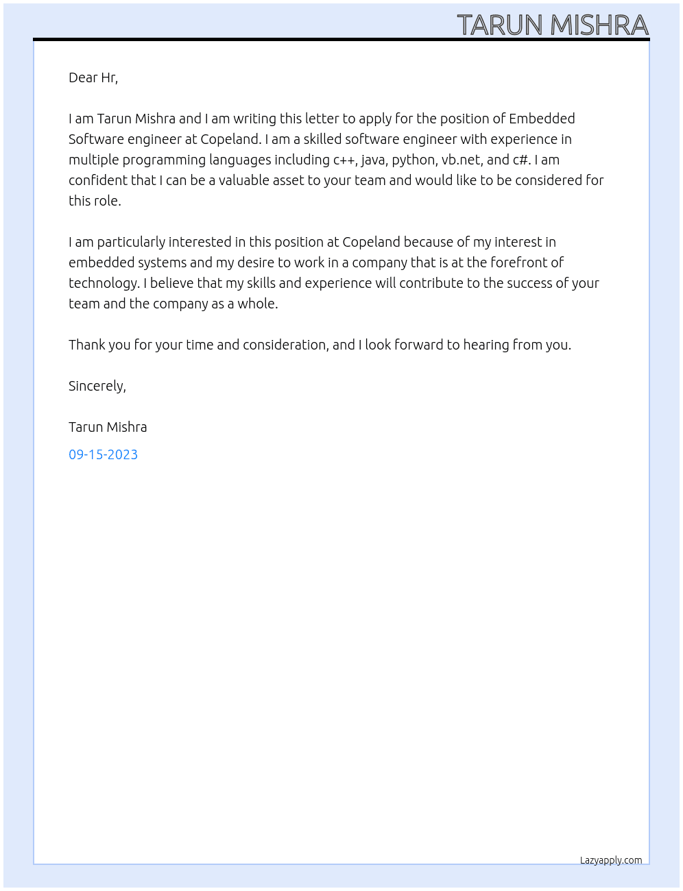 Embedded Software engineer  At Copeland Cover Letter