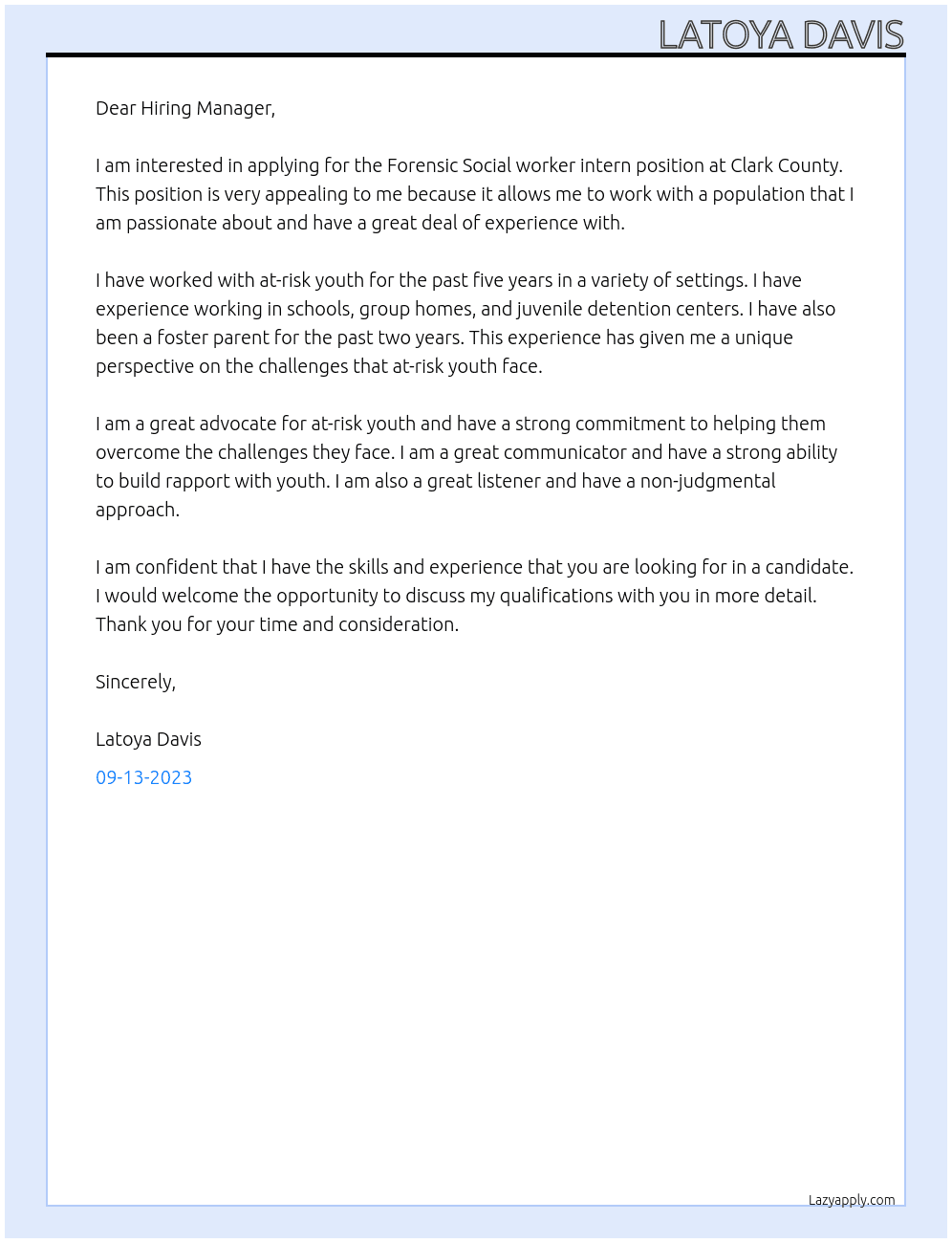 Forensic Social worker intern At Clark county Cover Letter
