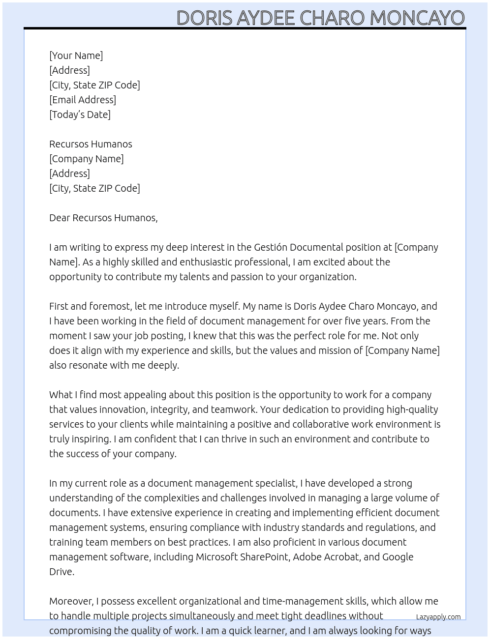 gestión documental At A quien le interese Cover Letter