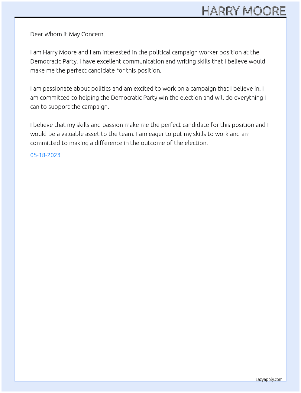 political Campaign worker At Democratic Party Cover Letter