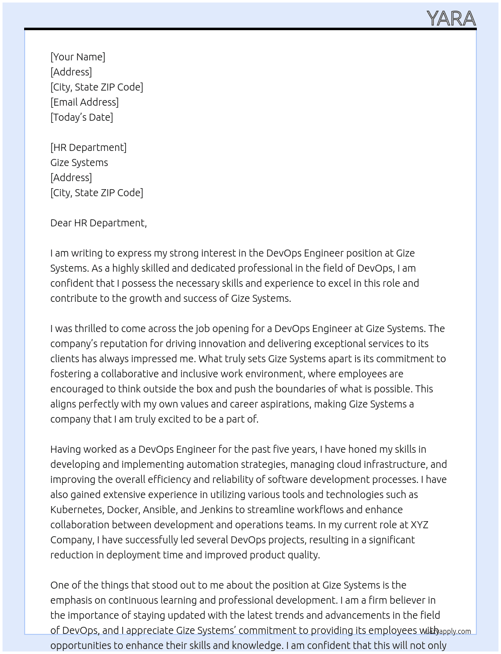devops engineer At Gize Systems Cover Letter