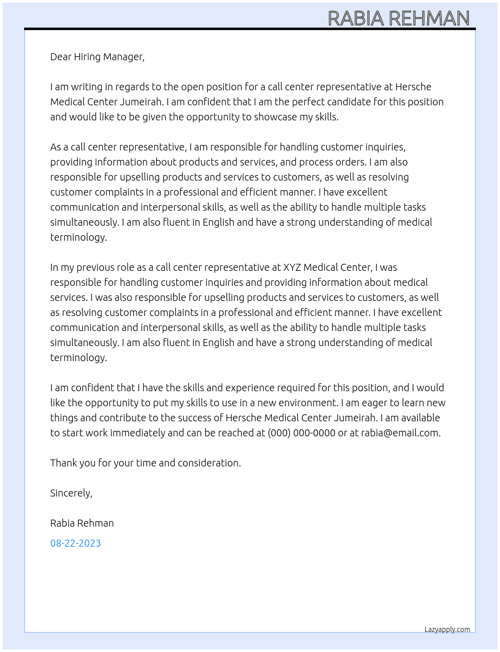 CALL CENTER  At HERSCHE MEDICAL CENTER JUMEIRAH Cover Letter